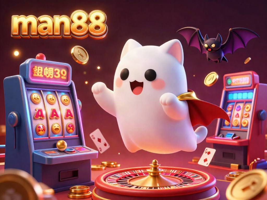 Engage with man88's thrilling casino adventure featuring a ghost cat and bat in a dynamic gaming scene.