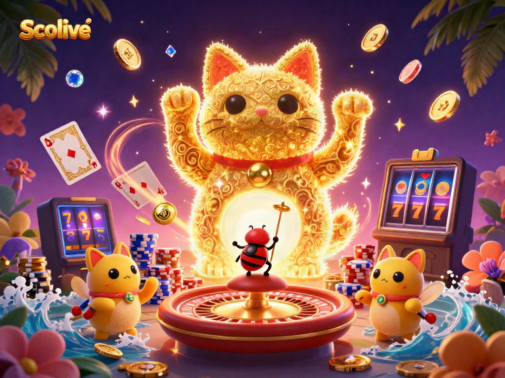 Experience the vibrant Socolive world with a lucky cat and casino symbols, enhancing your gambling thrill.