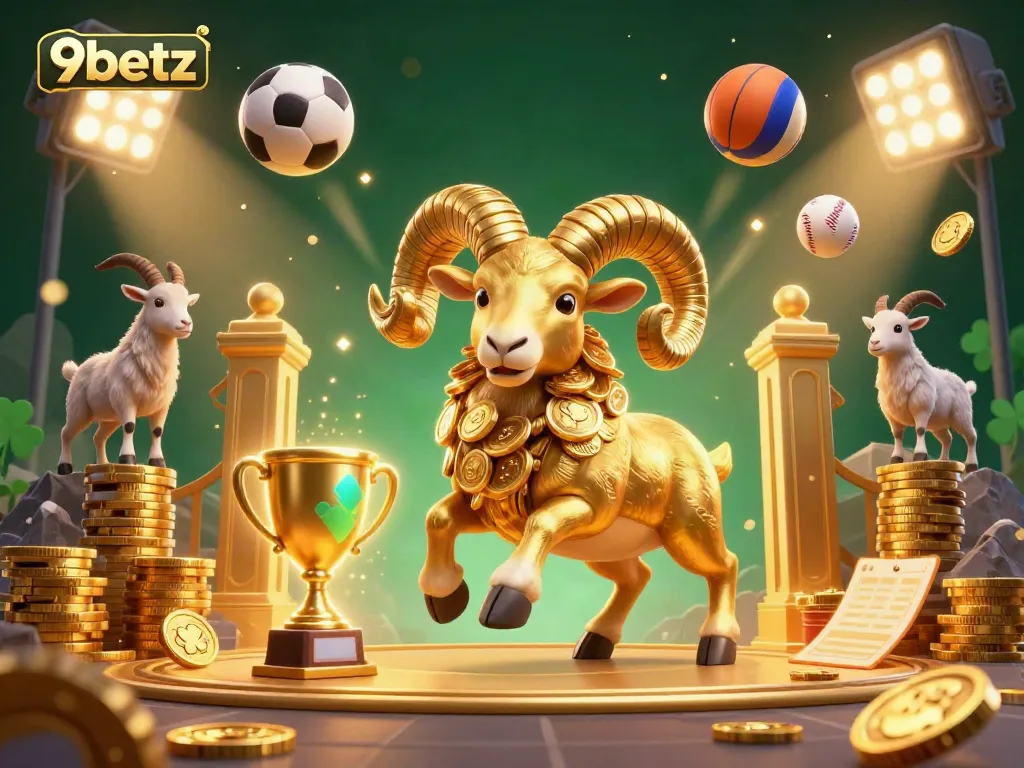 Experience thrilling gameplay with 9betz as a golden ram charges through a golden gate in a vibrant casino scene.