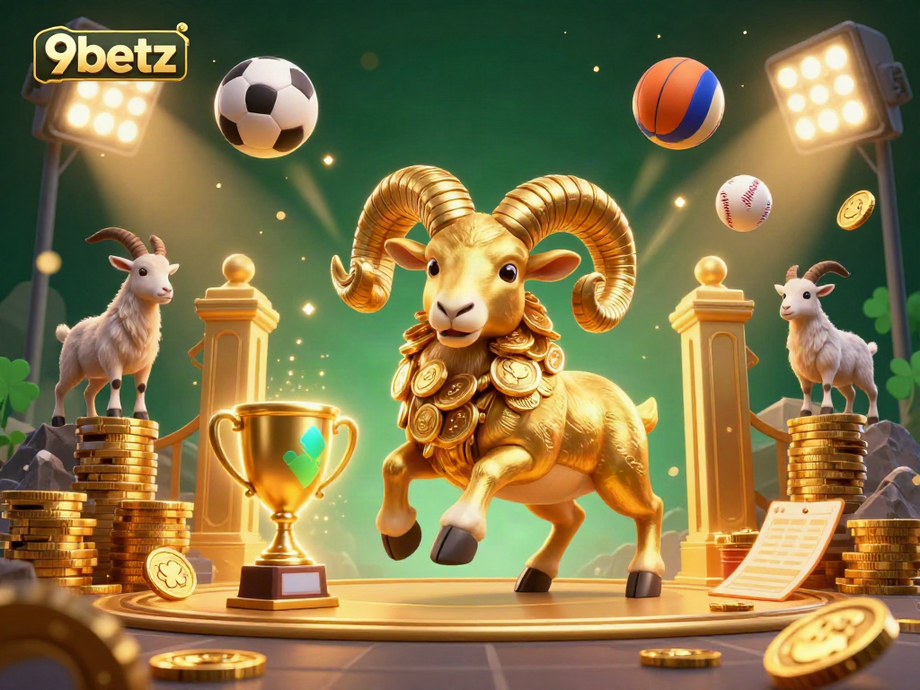 Experience thrilling gameplay with 9betz as a golden ram charges through a golden gate in a vibrant casino scene.