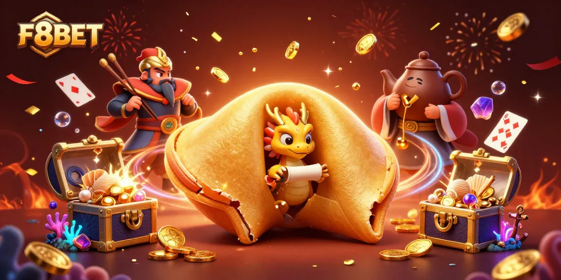 Win big with F8BET's golden fortune cookie, glistening gems, and vibrant casino elements.