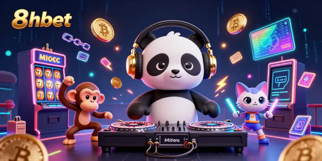 Join the 8xbet party with a lively DJ panda, monkey, and kitten in a vibrant casino scene.