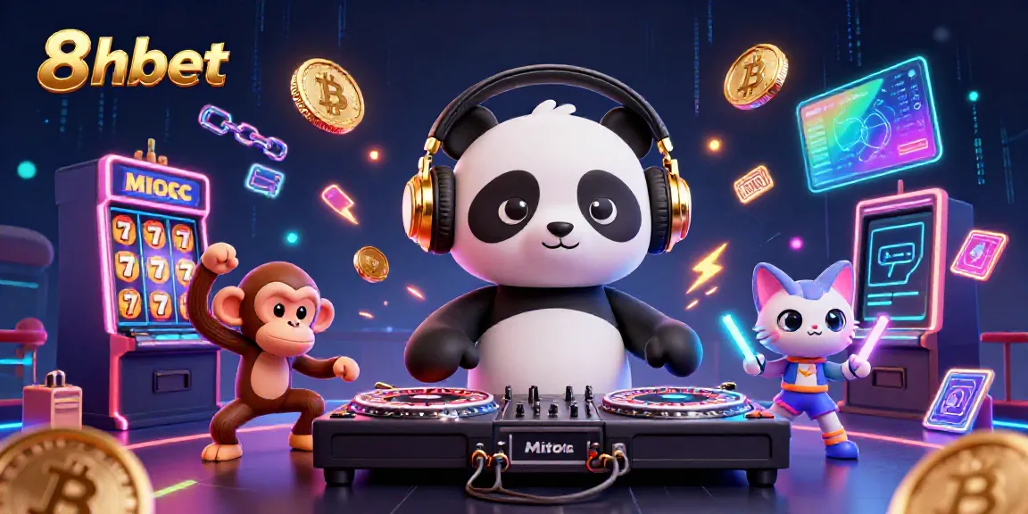 Join the 8xbet party with a lively DJ panda, monkey, and kitten in a vibrant casino scene.