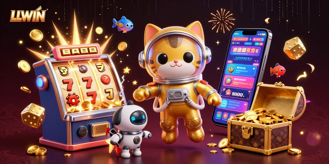 Experience the thrill of LLWIN with a dynamic casino scene featuring astronauts, slot machines, and alien creatures!