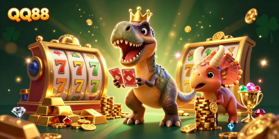 Experience the excitement of QQ88 with a lively scene of characters engaging in casino activities amidst golden treasures.