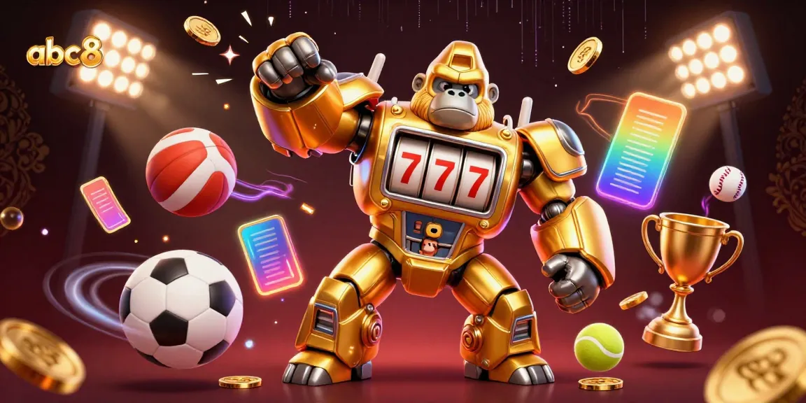 Experience thrilling gaming action with the dynamic abc8 robot mech and sports elements in a vibrant casino scene.