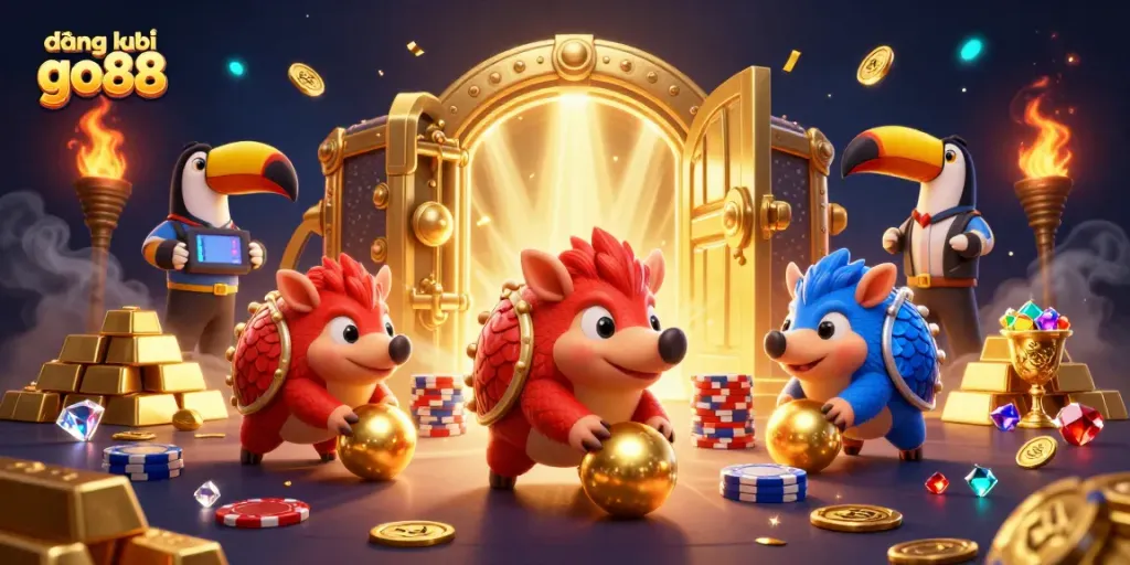 Engaging scene showcasing đăng ký go88 with pangolins rolling golden balls and a toucan referee.