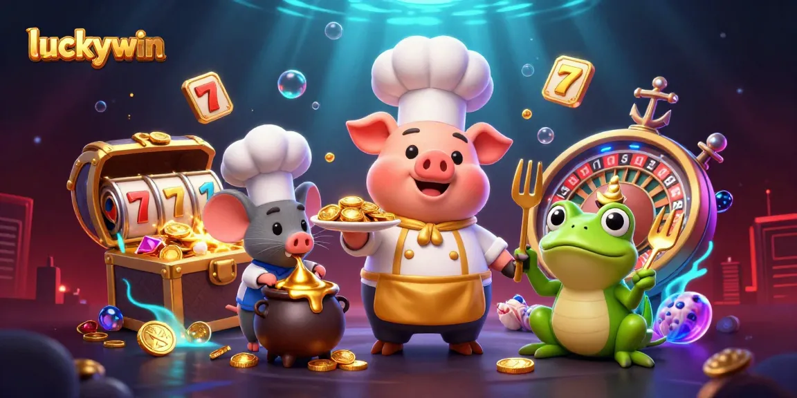 Experience luckywin's vibrant casino scene with 3D characters showcasing gold coins and games.