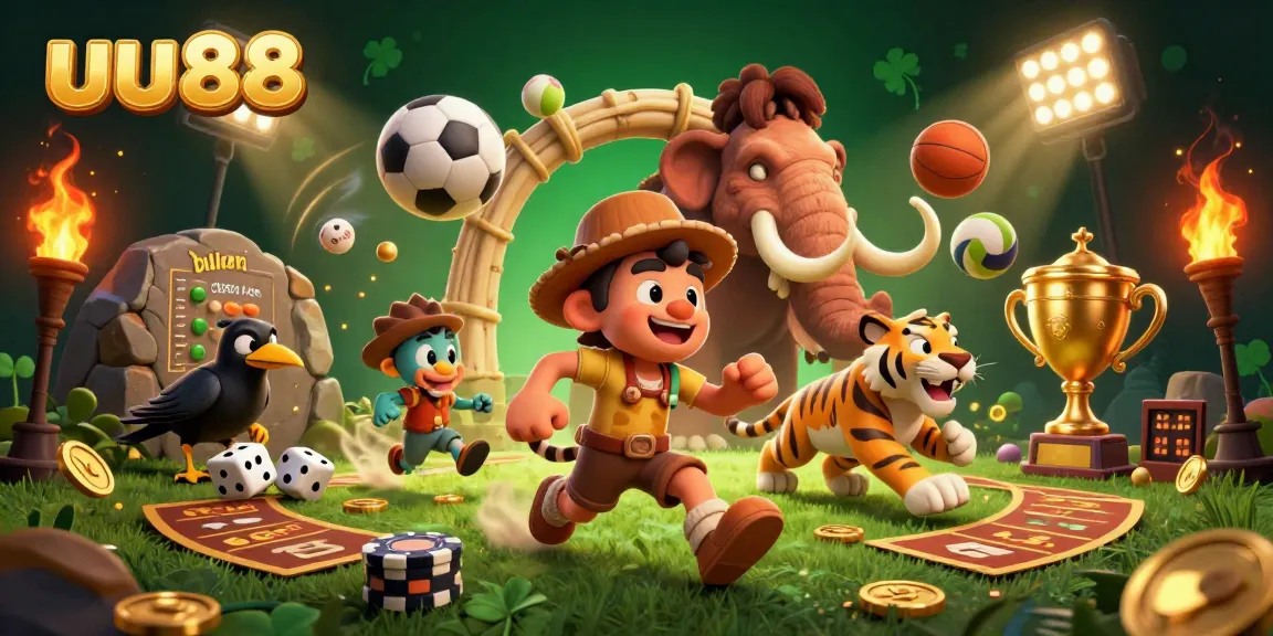 Experience exciting gameplay at uu88 with a cartoon caveman and sabertooth duo in a vibrant casino scene.