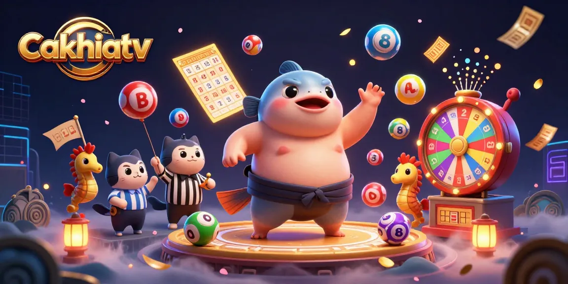Cakhiatv showcases a vibrant underwater scene with a whimsical fugu, referee, and cheering seahorses during a thrilling lottery event.