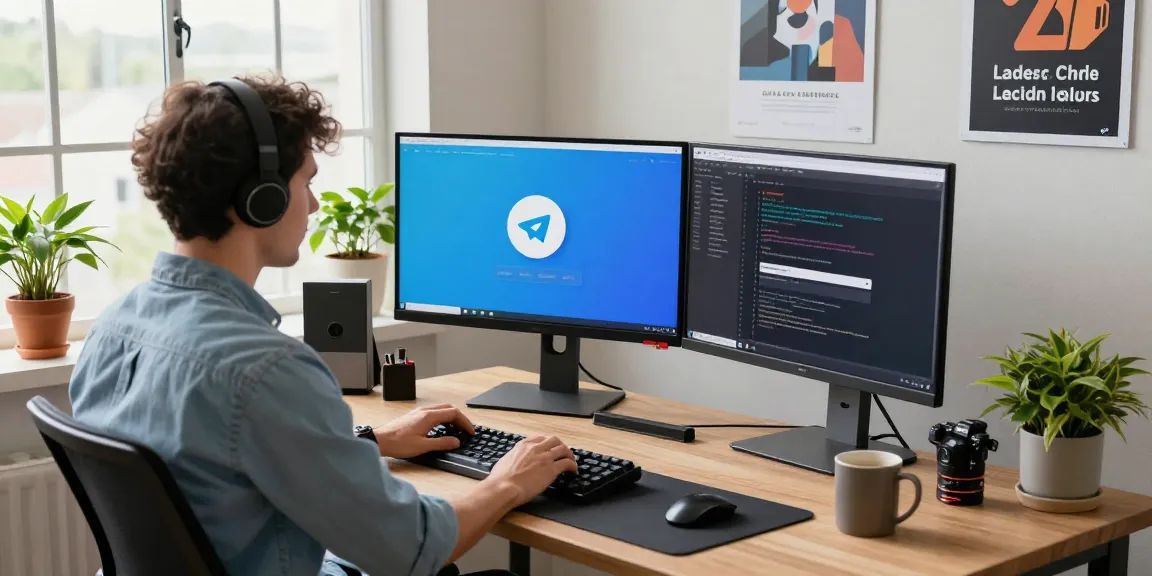 Developer showcasing the Telegram download interface on dual monitors in a modern tech workspace.