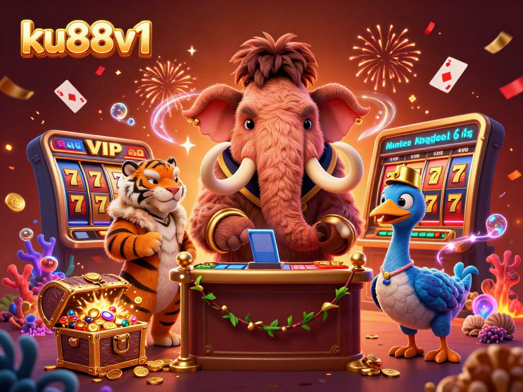 Experience the excitement at ku88v1 with playful characters and rich slot-themed elements in this engaging casino scene.