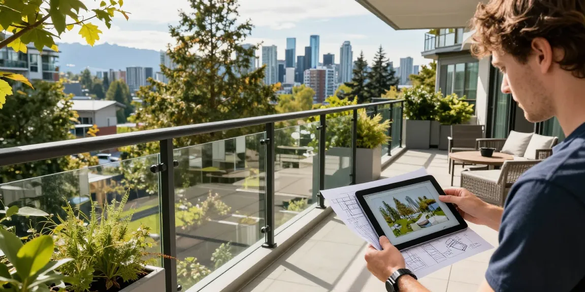 Custom railing installation with glass and metal design enhancing Vancouver balcony.