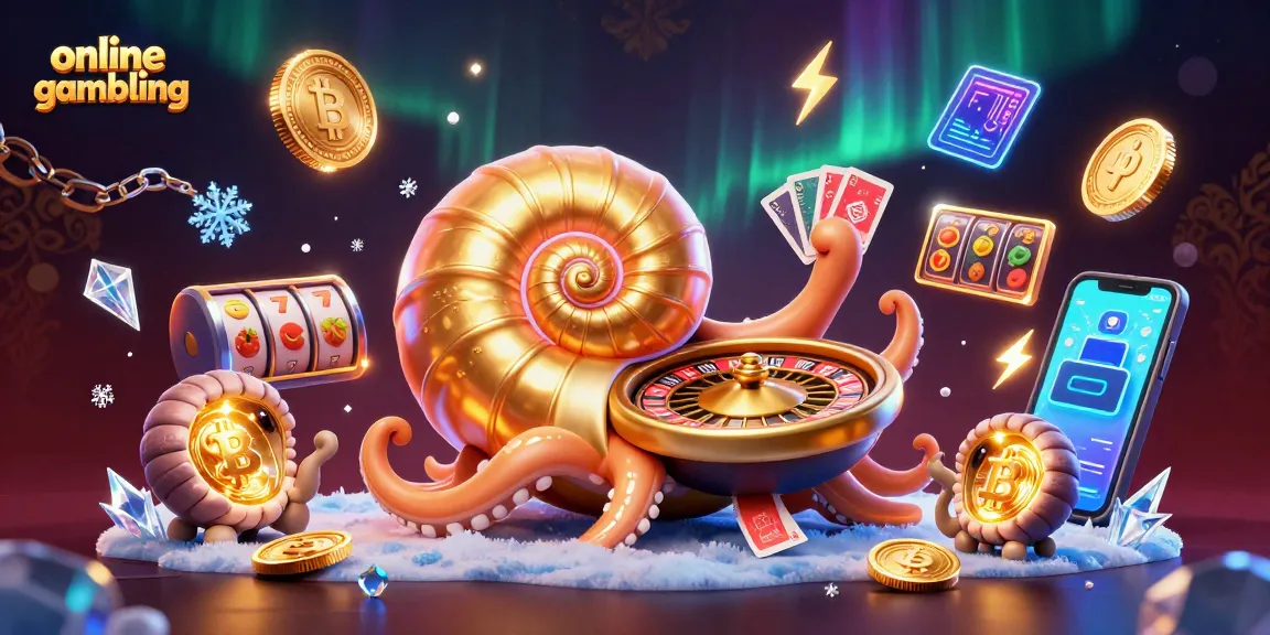 Experience online gambling with an ancient giant nautilus roulette wheel surrounded by cryptocurrencies and gaming elements.