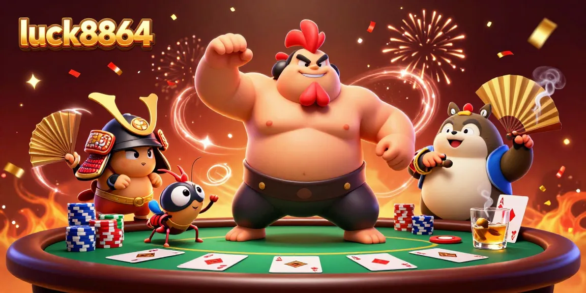 Win big at luck8864 with a thrilling poker showdown featuring a powerful sumo rooster and samurai cricket.