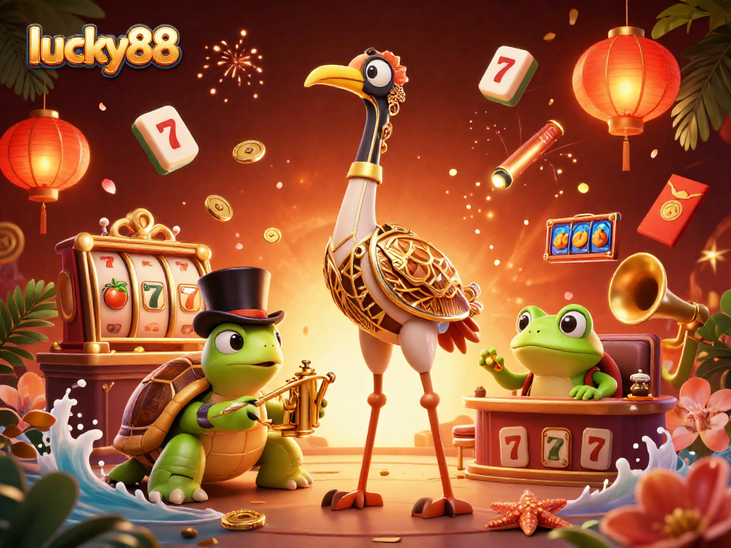 Immerse in lucky88's vibrant casino scene with dynamic slot elements and playful characters.