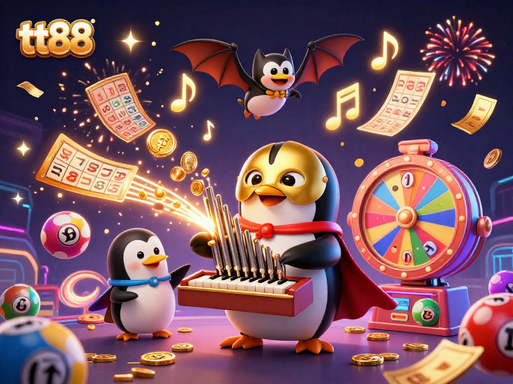 Experience the thrill of tt88 with a 3D penguin playing an organ of golden coins amidst lively celebration.