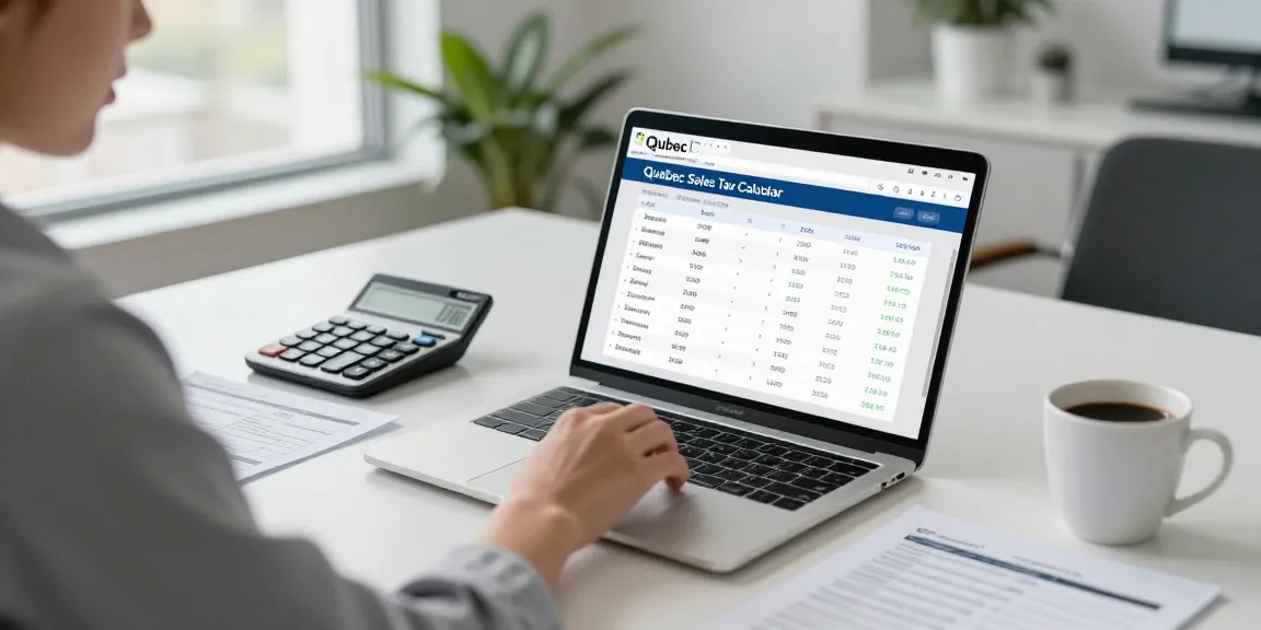 Using quebecsalestaxcalculator.ca to calculate sales tax in a modern workspace with an accountant, paperwork, and financial tools.