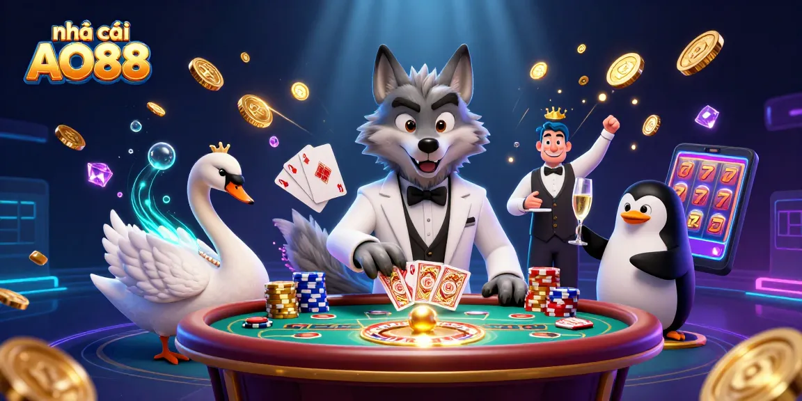 Experience excitement at nhà cái AO88 with a debonair wolf, elegant swan, and stylish penguin in an immersive casino scene.