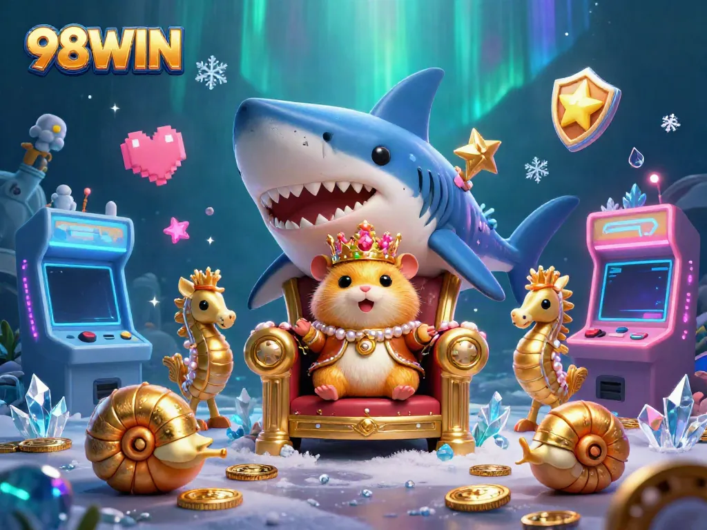 Experience excitement at 98WIN with a fierce golden hamster king surrounded by vibrant gaming elements.