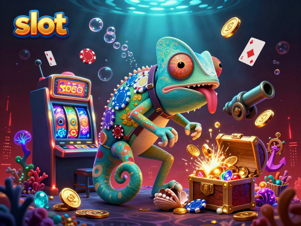 Engage with the vibrant slot scene featuring a chameleon casino owner amidst dynamic gaming elements.