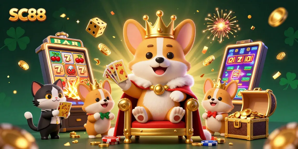 Experience thrilling wins at SC88 with royal corgi and a jackpot explosion in a vibrant casino scene.