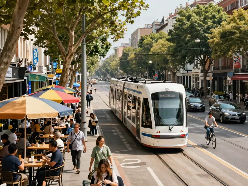 Street scene at streek.ca showcasing modern streetcars amidst vibrant cafes, representing urban transit innovation in 2026.