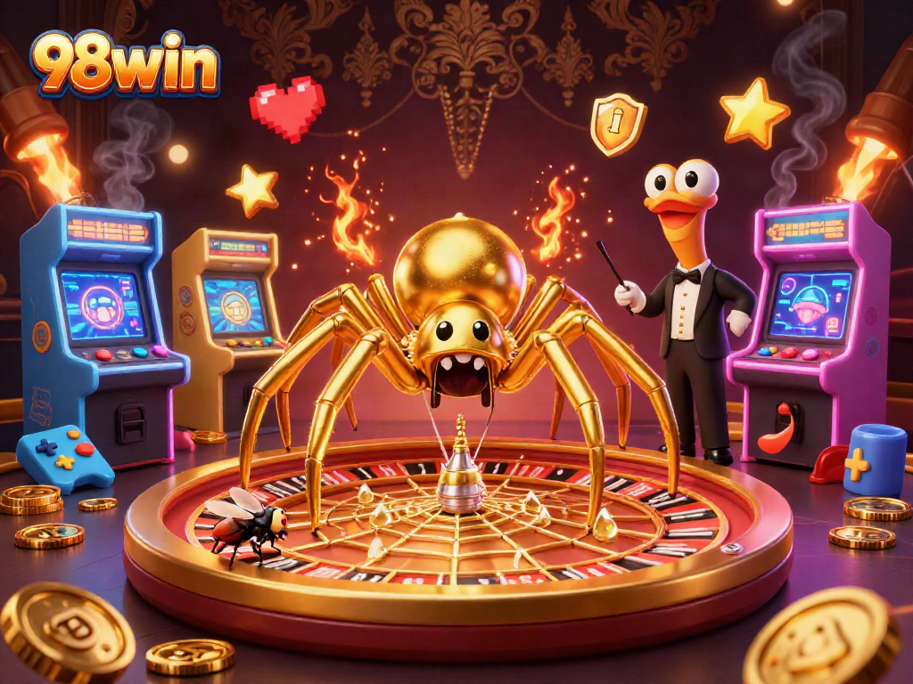Experience the thrill of betting at 98win with a lively 3D illustration featuring casino elements.