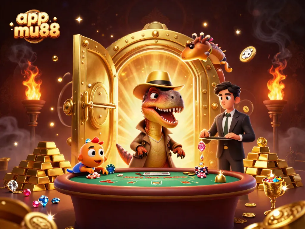 Engage with app mu88 as dynamic characters interact at a blackjack table adorned with treasure.