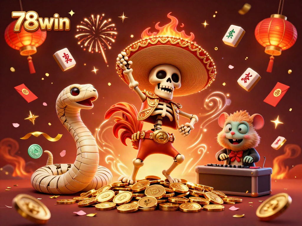 Experience the thrill of 78win with a vibrant 3D illustration of a festive casino scene filled with characters and game elements.
