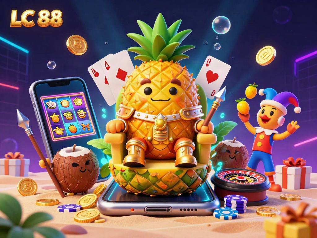 Experience the excitement of LC 88 with a vibrant 3D casino scene featuring a golden pineapple king and captivating game elements.